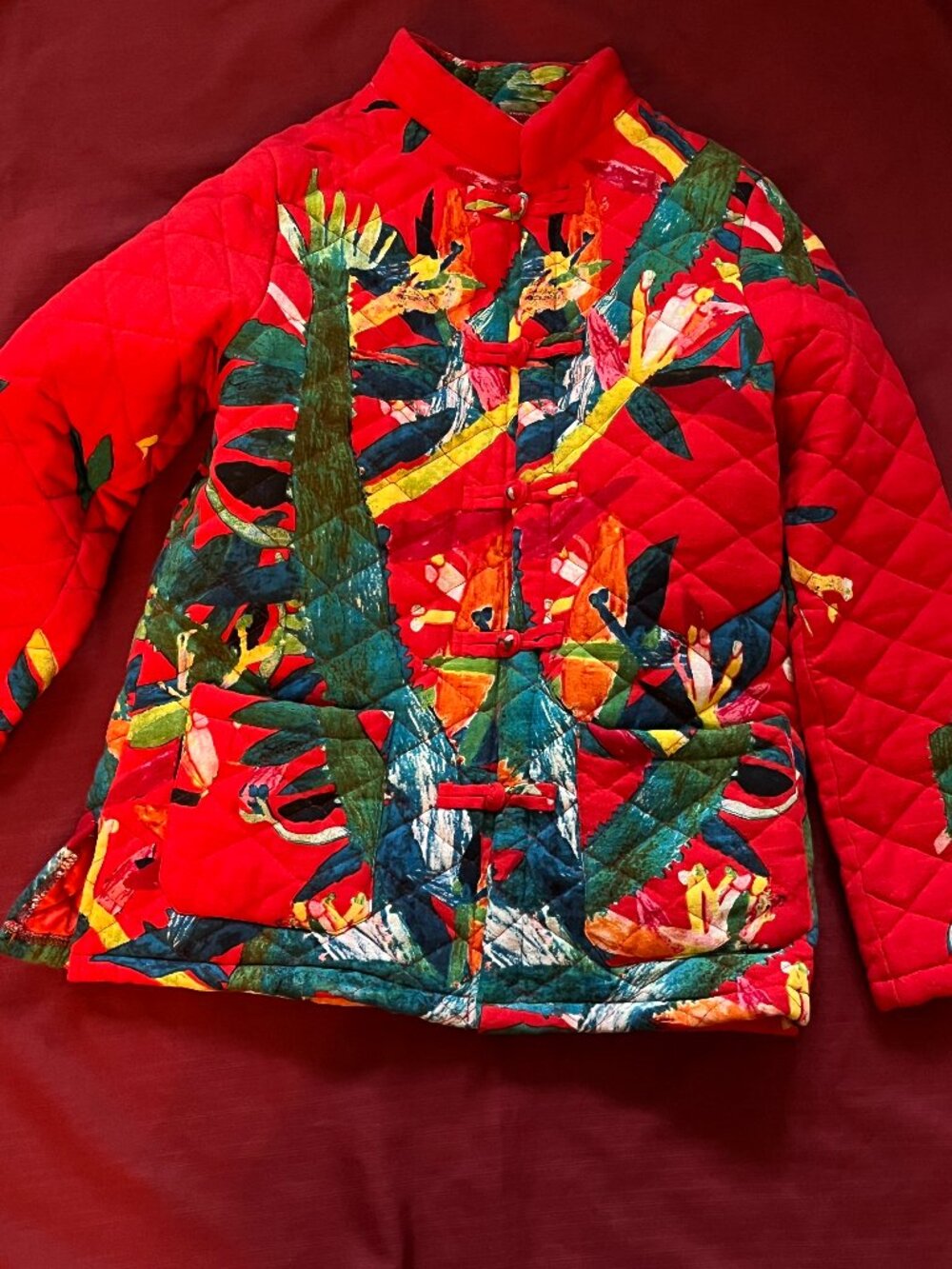Bold Red Quilted Chinoiserie-Style Jacket with Frog Closures for woman size S.